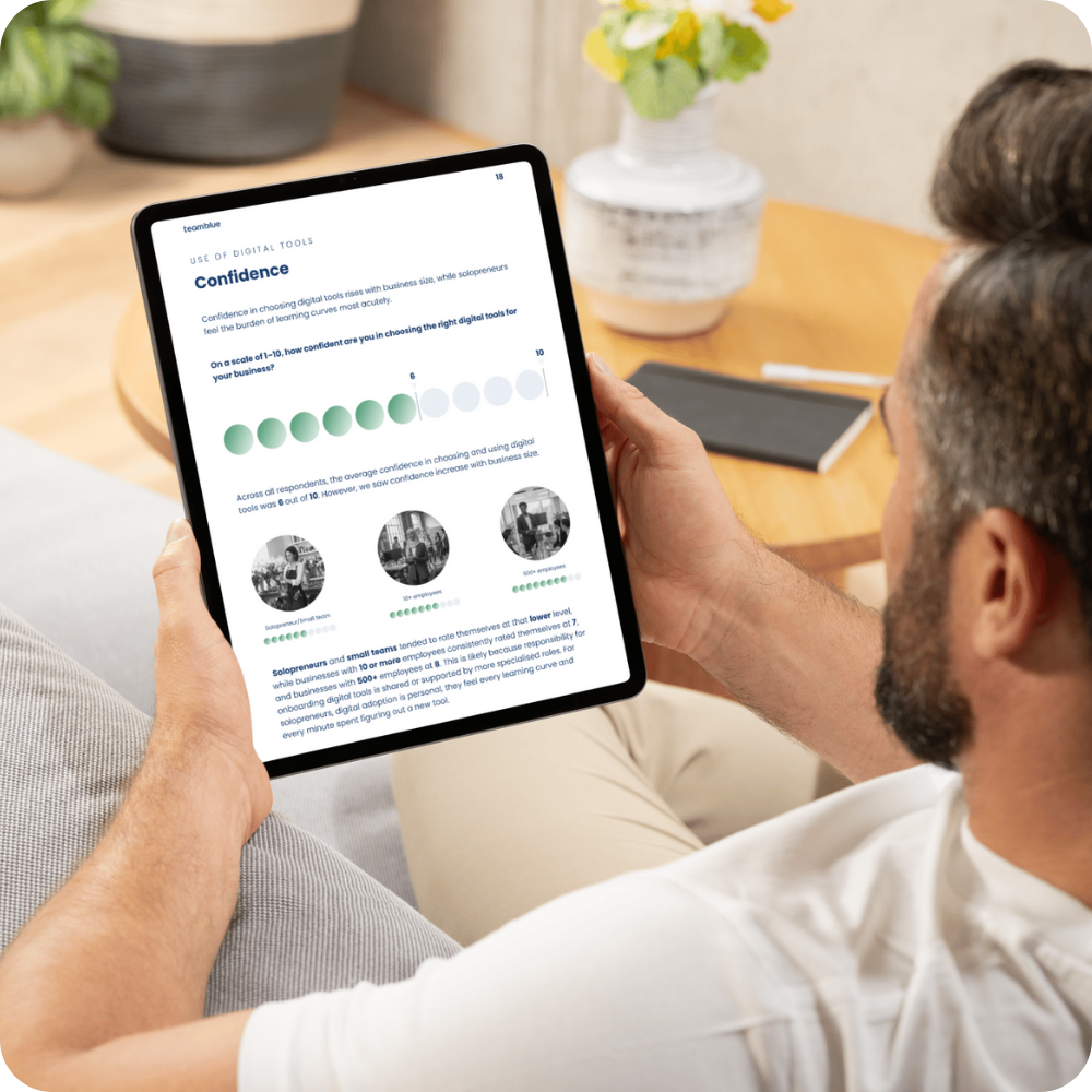 A person reviewing the team.blue digital maturity and AI adoption report on a tablet.